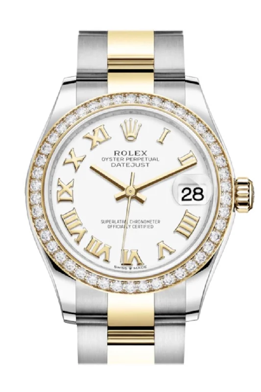 Rolex Oyster Perpetual blue dial models -Rolex Datejust 31 White Roman Dial Diamond Bezel Yellow Gold Two Tone Watch 278383RBR 278383