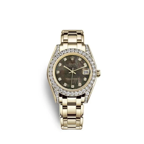 Rolex Submariner Date with black dial -Rolex Pearlmaster 34mm - Ref: 81158-0066 - Black Mother of Pearl Diamond Dial, Diamond Bezel & Diamond Case, 18K Yellow Gold Bracelet Women's Watch