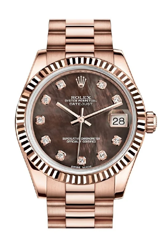 Rolex watches with vintage dials -Rolex Datejust 31 Black Mother of Pearl Diamond Dial Fluted Bezel 18K Everose Gold President Ladies Watch 178275 Pre-owned