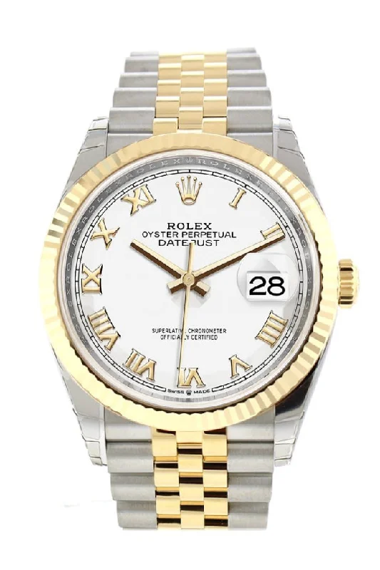 Rolex Explorer 39mm for adventurers -Rolex Datejust 36 White Roman Dial Fluted Bezel Jubilee Yellow Gold Two Tone Watch 126233 NP