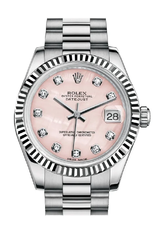 Rolex Submariner with stainless steel case -Rolex Datejust 31 Pink mother-of-pearl Diamond Dial Fluted Bezel 18K White Gold President Ladies Watch 178279 Pre-owned