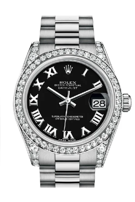 Rolex Yacht-Master with rose gold case -Rolex Datejust 31 Black Roman Dial Diamond Bezel Lug 18K White Gold President Ladies Watch 178159 Pre-owned