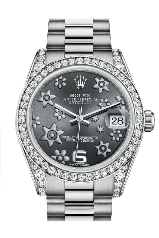 Rolex Sea-Dweller 4000m water resistance -Rolex Datejust 31 Dark Rhodium Raised Floral Motif Dial Diamond Bezel Lug 18K White Gold President Watch 178159 Pre-owned