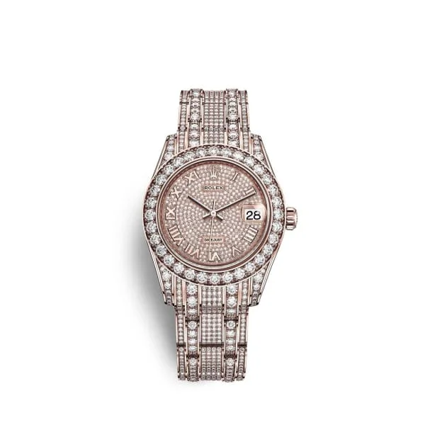 Rolex Explorer with iconic black dial -Rolex Pearlmaster 34mm - Ref: 81405rbr-0001 - Pave Roman Diamond Dial, Diamond Bezel & Diamond Case, 18K Rose Gold Diamond Bracelet Women's Watch