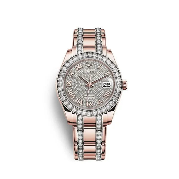 Rolex Cellini 39mm leather strap watch -Rolex Pearlmaster 39mm - Ref: 86285-0001 - Pave Roman Diamond Dial & Diamond Bezel, 18K Rose Gold Diamond Bracelet Women's Watch