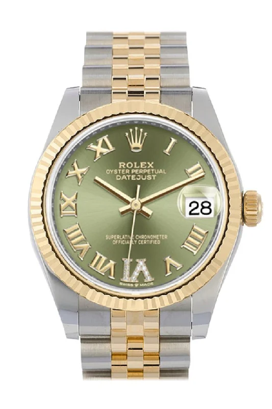 Rolex Day-Date with silver dial -Rolex Datejust 31 Olive Green Large VI set with Diamonds Dial Fluted Bezel 18K Yellow Gold Two Tone Jubilee Watch 278273 NP