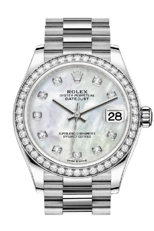 Rolex Submariner with steel bracelet -Rolex Datejust 31 White mother-of-pearl Diamond Dial Diamond Bezel 18K White Gold President Ladies Watch 278289RBR