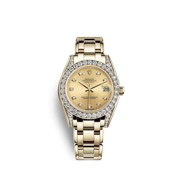 Rolex Oyster Perpetual with red dial -Rolex Pearlmaster 34mm - Ref: 81158-0013 - Champagne Diamond Dial, Diamond Bezel & Diamond Case, 18K Yellow Gold Bracelet Women's Watch