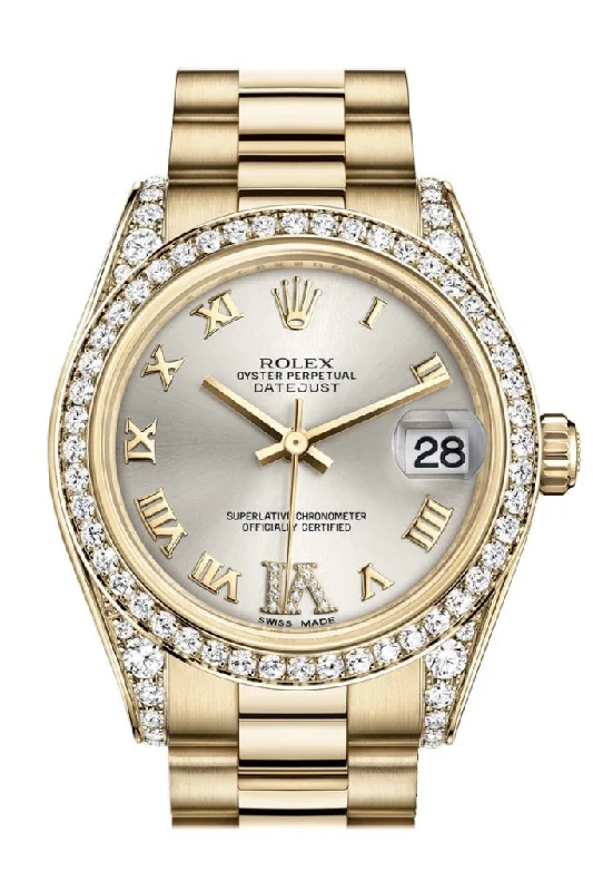 Rolex Submariner with green bezel model -Rolex Datejust 31 Silver Large VI Rubies Dial Diamond Bezel Lug 18K Yellow Gold President Ladies Watch 178158 Pre-owned