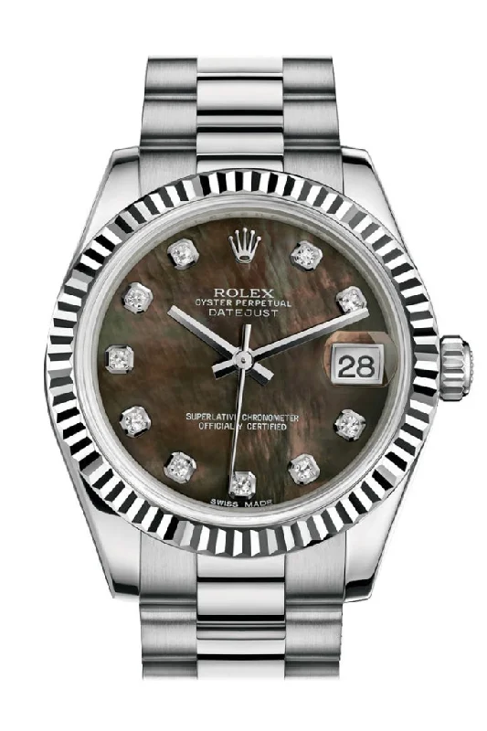 Rolex Datejust 41mm with diamond bezel -Rolex Datejust 31 Black mother-of-pearl Diamond Dial Fluted Bezel 18K White Gold President Ladies Watch 178279 Pre-owned