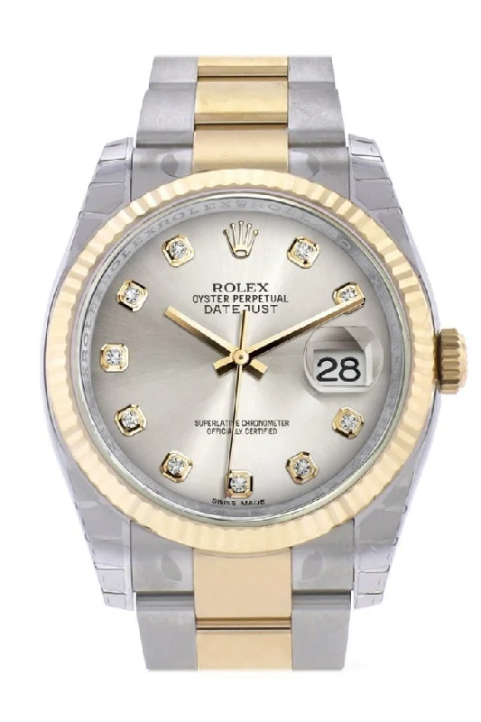 Rolex watches with limited-edition models -Rolex Datejust 36 Silver Diamond Dial Fluted 18K Gold Two Tone Oyster Watch 116233 Pre-owned