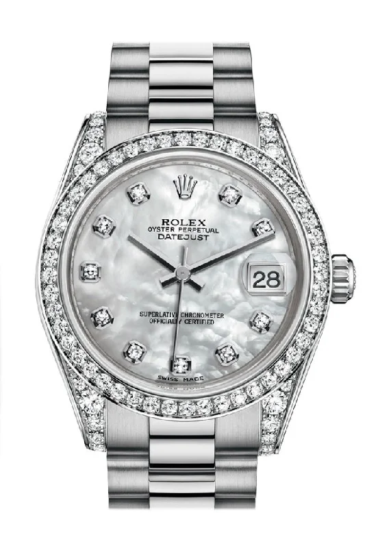 Rolex President Day-Date with diamond markers -Rolex Datejust 31 White mother-of-pearl Diamond Dial Diamond Bezel Lug 18K White Gold President Ladies Watch 178159 Pre-owned