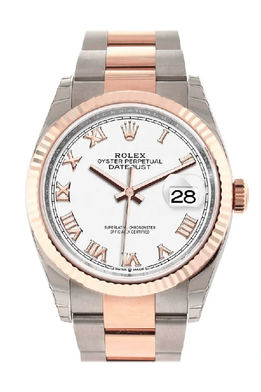 Rolex watches with clean white dial -Rolex Datejust 36 White Roman Dial Fluted Rose Gold Two Tone Watch 126231 NP