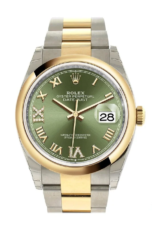 Rolex watches with stainless steel bracelet -Rolex Datejust 36 Olive green set with diamonds Dial Dome Bezel Oyster Yellow Gold Two Tone Watch 126203 NP