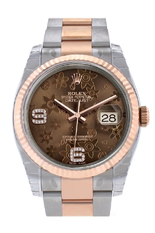 Rolex Submariner with vintage green bezel -Rolex Datejust 36 Chocolate floral motif diamonds Dial Fluted Steel and 18k Rose Gold Oyster Watch 116231 Pre-owned