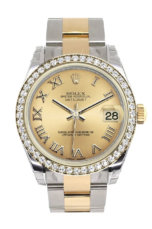 Rolex Daytona with black ceramic bezel -Rolex Datejust 31 Champagne Roman Dial Diamond Bezel Yellow Gold Two Tone Watch 178383 Pre-owned