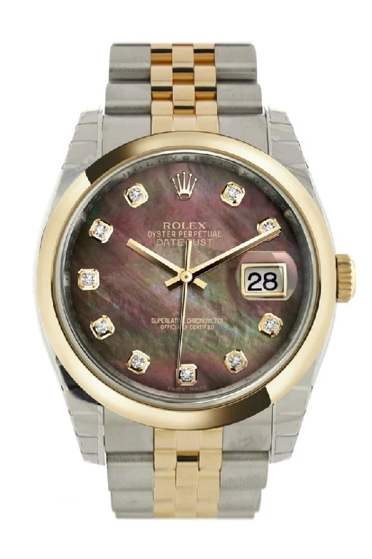 Rolex Oyster Perpetual 36mm with blue dial -Rolex Datejust 36 Black mother-of-pearl Diamond Dial 18k Gold Two Tone Jubilee Watch 116203 Pre-owned