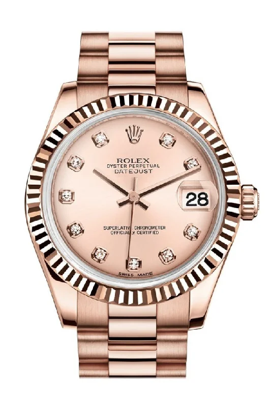 Rolex Daytona with classic design -Rolex Datejust 31 Pink Diamond Dial Fluted Bezel 18K Everose Gold President Ladies Watch 178275 Pre-owned