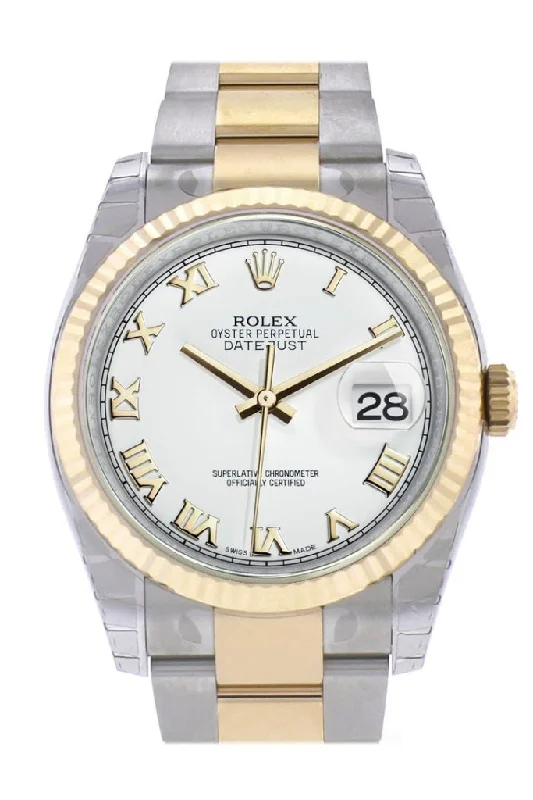 Rolex Explorer II with dual-time zone feature -Rolex Datejust 36 White Roman Dial Fluted 18K Gold Two Tone Oyster Watch 116233 Pre-owned