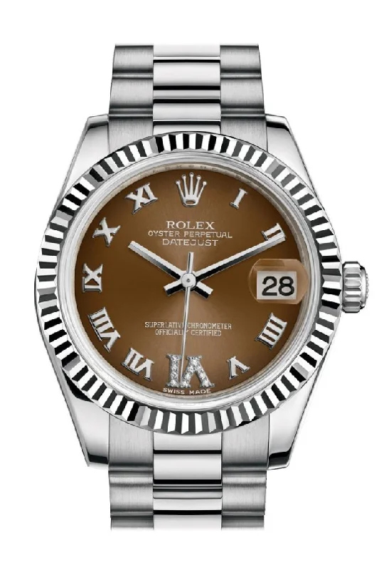 Rolex vintage collector's watches -Rolex Datejust 31 Bronze Large VI Diamond Dial Fluted Bezel 18K White Gold President Ladies Watch 178279 Pre-owned