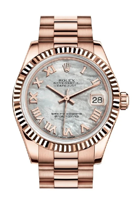 Rolex Datejust 36mm for women -Rolex Datejust 31 White Mother of Pearl Roman Dial Fluted Bezel 18K Everose Gold President Ladies Watch 178275 Pre-owned