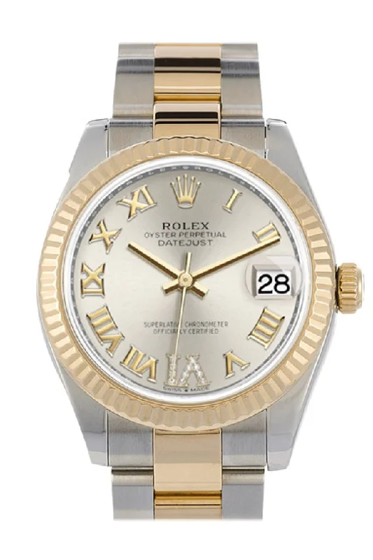 Rolex Datejust with classic stainless steel bracelet -Rolex Datejust 31 Silver Large VI set with Diamonds Dial Fluted Bezel 18K Yellow Gold Two Tone Watch 278273 NP