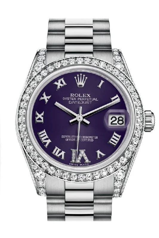 Rolex automatic movement watches -Rolex Datejust 31 Purple set with diamonds Dial Diamond Bezel Lug 18K White Gold President Ladies Watch 178159 Pre-owned