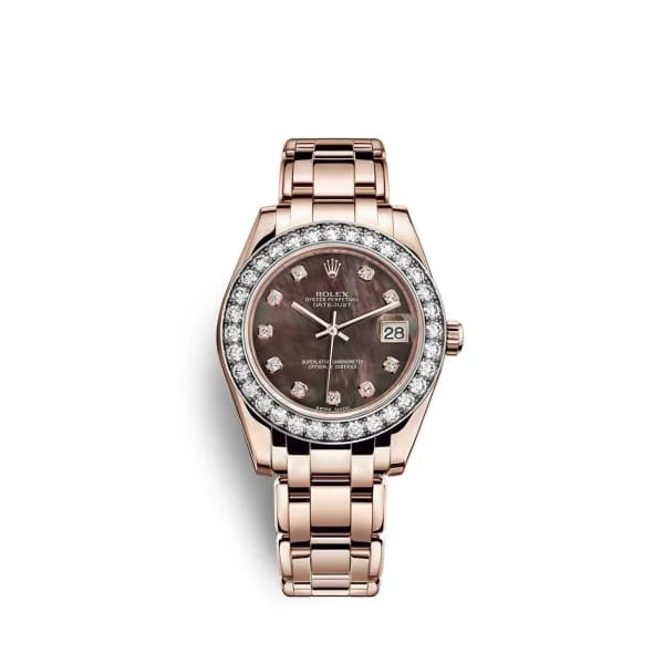 Rolex Day-Date with silver dial -Rolex Pearlmaster 34mm - Ref: 81285-0024 - Black Mother of Pearl Diamond Dial & Diamond Bezel, 18K Rose Gold Bracelet Women's Watch