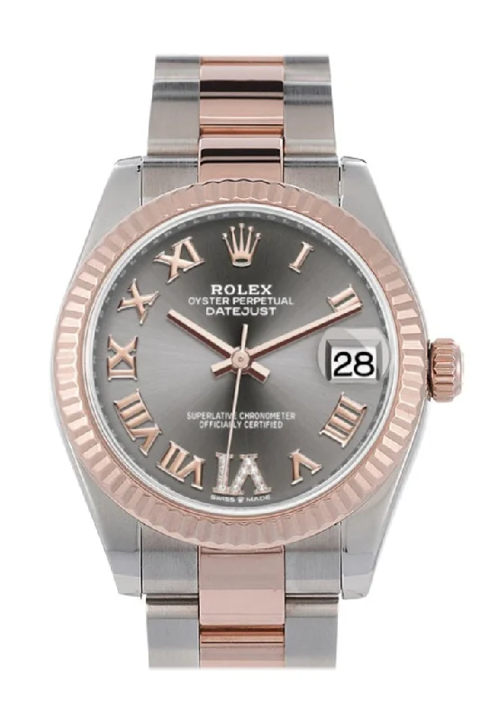 Rolex Datejust with black leather band -Rolex Datejust 31 Rhodium Large VI set with diamonds Dial Fluted Bezel 18K Everose Gold Two Tone Watch 278271