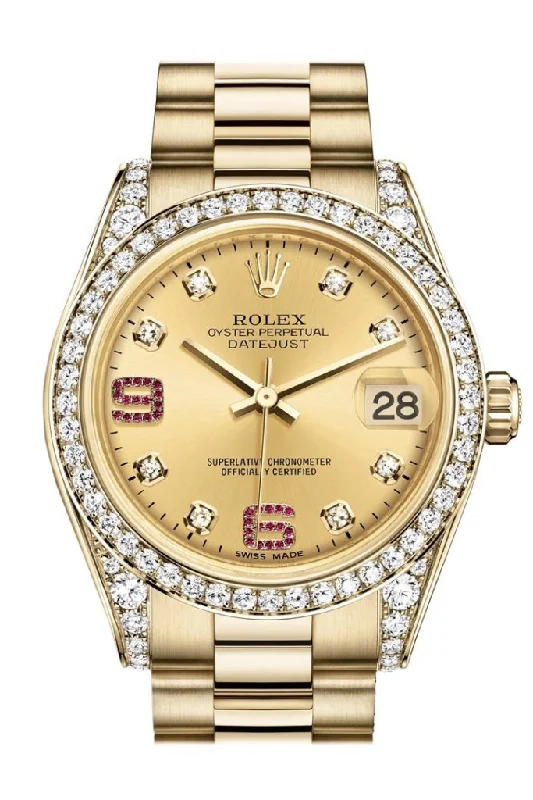 Rolex Oyster Perpetual 36mm with blue dial -Rolex Datejust 31 Champagne Diamonds Rubies Dial Diamond Bezel Lug 18K Yellow Gold President Ladies Watch 178158 Pre-owned