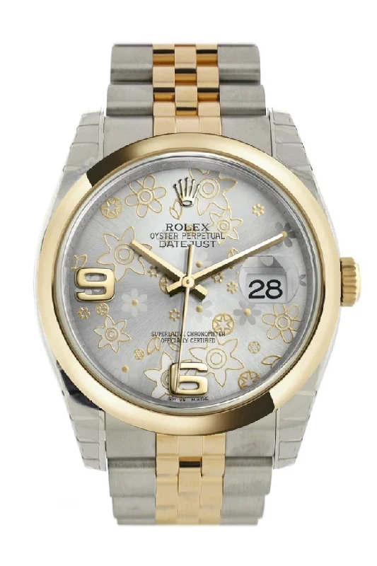 Rolex Datejust 41mm with black leather strap -Rolex Datejust 36 Silver floral motif Dial 18k Gold Two Tone Jubilee Watch 116203 Pre-owned