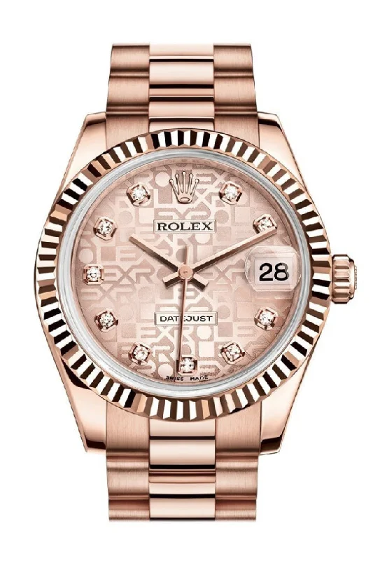 Rolex watches with professional diving features -Rolex Datejust 31 Pink Jubilee Diamond Dial Fluted Bezel 18K Everose Gold President Ladies Watch 178275 Pre-owned