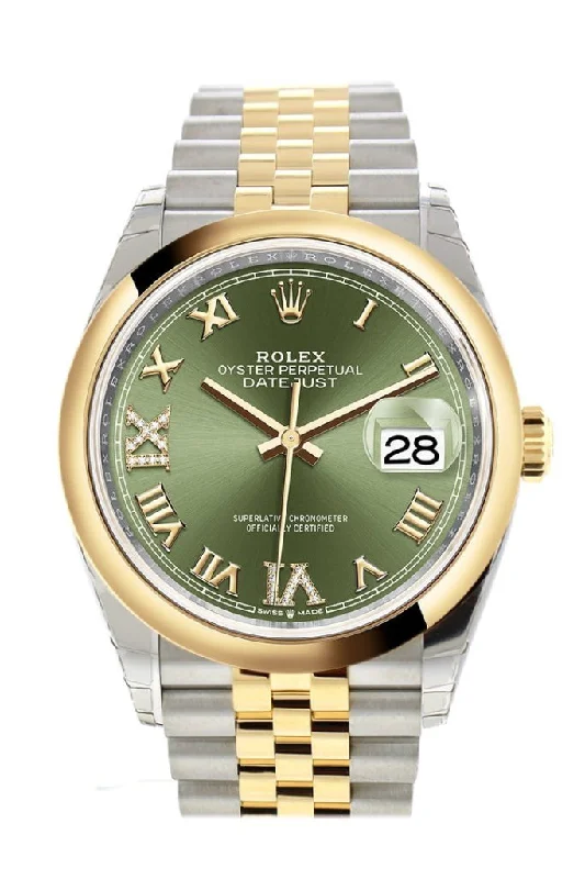 Rolex Cosmograph Daytona with tachymeter -Rolex Datejust 36 Olive green set with diamonds Dial Dome Bezel Jubilee Yellow Gold Two Tone Watch 126203 NP