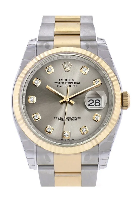 Rolex Submariner with red text -Rolex Datejust 36 Steel Diamond Dial Fluted 18K Gold Two Tone Oyster Watch 116233 Pre-owned