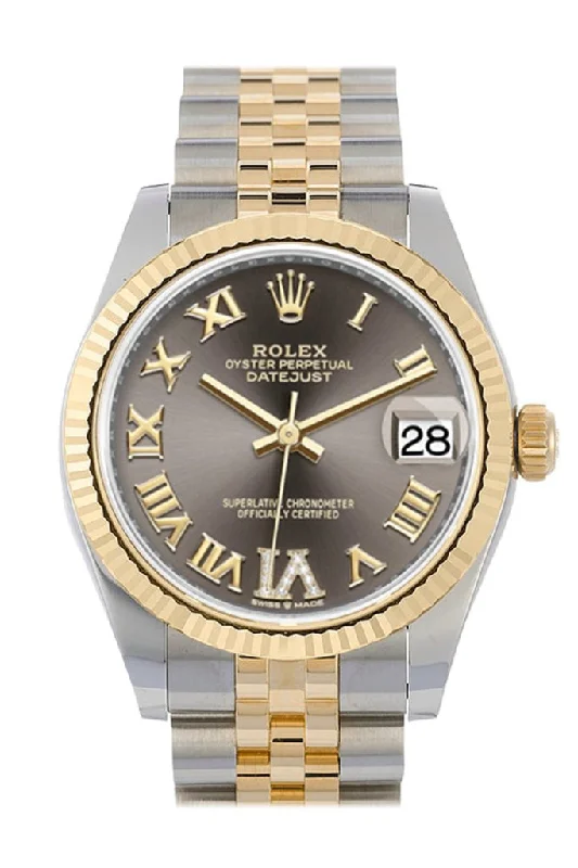 Rolex Submariner stainless steel version -Rolex Datejust 31 Dark Grey Large VI set with Diamonds Dial Fluted Bezel 18K Yellow Gold Two Tone Jubilee Watch 278273 NP