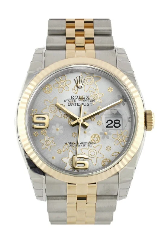 Rolex Submariner stainless steel version -Rolex Datejust 36 Silver floral motif Dial Fluted 18K Gold Two Tone Jubilee Watch 116233 Pre-owned