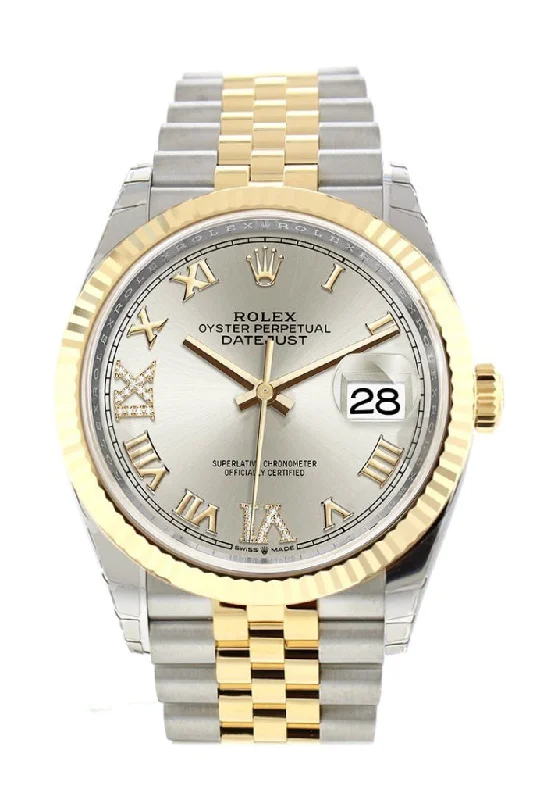 Rolex watches with diamond accents -Rolex Datejust 36 Silver set with diamonds Dial Fluted Bezel Jubilee Yellow Gold Two Tone Watch 126233 NP