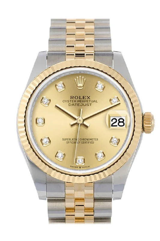 Rolex Milgauss with lightning bolt hand -Rolex Datejust 31 Champagne Diamond Dial Fluted Bezel 18K Yellow Gold Two Tone Jubilee Watch 278273 NP