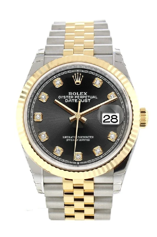 Rolex Daytona chronograph for sale -Rolex Datejust 36 Black set with diamonds Dial Fluted Bezel Jubilee Yellow Gold Two Tone Watch 126233 NP