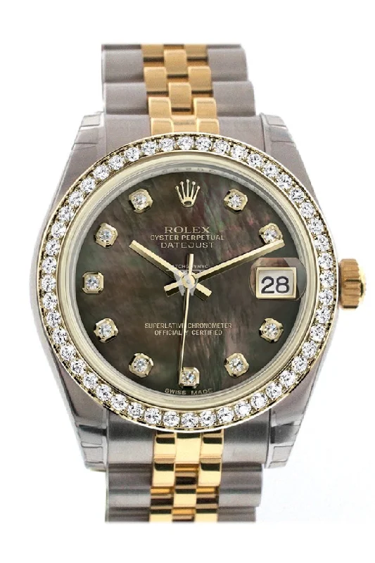 Rolex Submariner with classic green bezel -Rolex Datejust 31 Black mother-of-pearl Diamond Dial Diamond Bezel Jubilee Yellow Gold Two Tone Watch 178383 Pre-owned