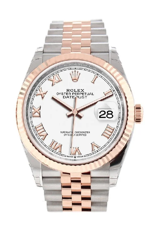 Rolex Submariner for divers -Rolex Datejust 36 White Roman Dial Fluted Rose Gold Two Tone Jubilee Watch 126231 NP