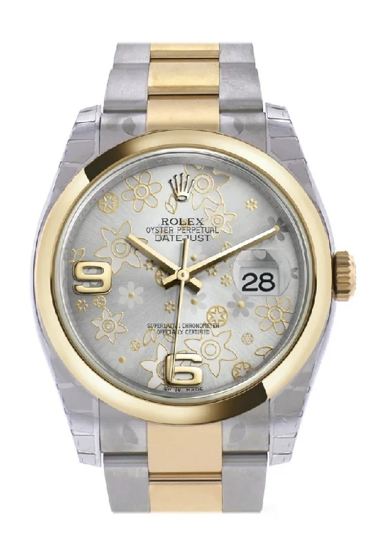 Rolex Datejust with luminous markers -Rolex Datejust 36 Silver floral motif Dial 18k Gold Two Tone Oyster Watch 116203 Pre-owned