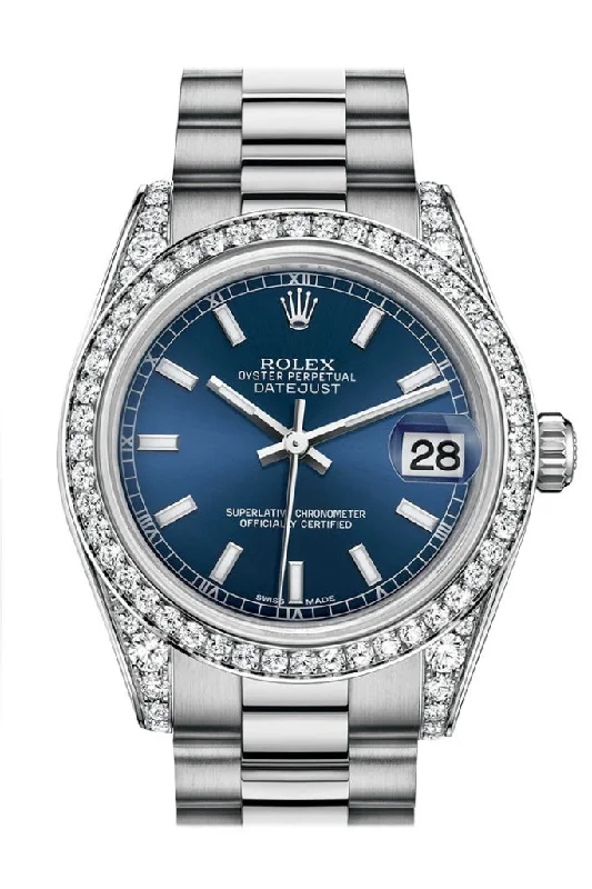 Rolex watches with dual time zone function -Rolex Datejust 31 Blue Dial Diamond Bezel Lug 18K White Gold President Ladies Watch 178159 Pre-owned