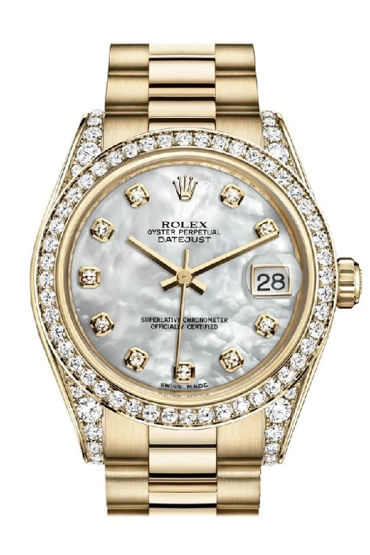 Rolex Daytona with black tachymeter bezel -Rolex Datejust 31 White Mother of Pearl Dia Dial Diamond Bezel Lug 18K Yellow Gold President Ladies Watch 178158 Pre-owned