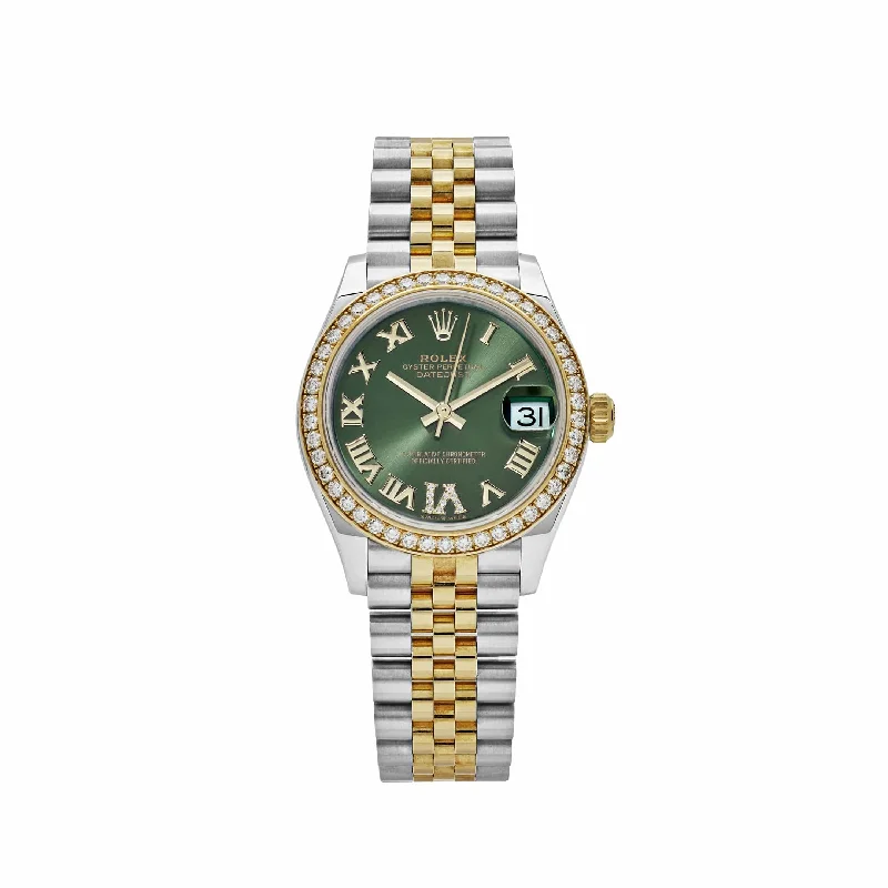 Rolex Explorer I with black bezel -Rolex Datejust 278383RBR 'Ladies' Yellow Gold Stainless Steel Green Roman Dial Diamond Bezel