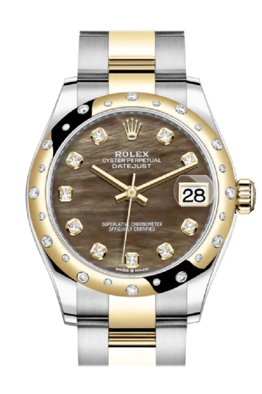 Rolex watches with 18k rose gold -Rolex Datejust 31 Black mother-of-pearl diamonds Dial Diamond Bezel Yellow Gold Two Tone Watch 278341RBR 278343 NP