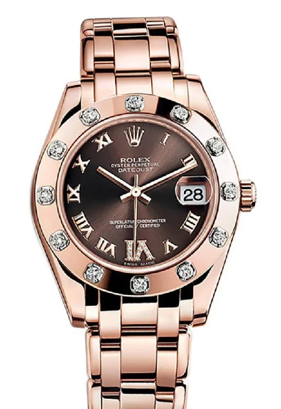 Rolex Air-King with vintage design -ROLEX Pearlmaster 34 Chocolate set with Diamonds Set On VI Dial Pearlmaster 18K Rose Gold Watch 81315