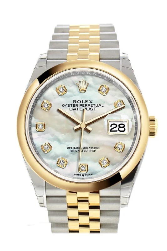 Rolex deep-sea diving watches -Rolex Datejust 36 White mother-of-pearl set with diamonds Dial Dome Bezel Jubilee Yellow Gold Two Tone Watch 126203 NP