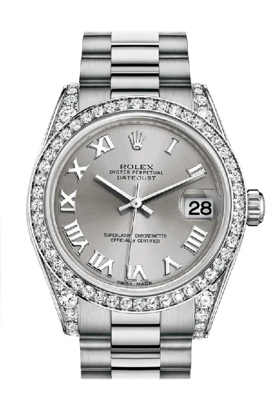 Rolex Datejust with white dial -Rolex Datejust 31 Rhodium Roman Dial Diamond Bezel Lug 18K White Gold President Ladies Watch 178159 Pre-owned