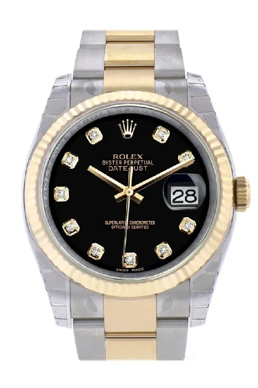 Rolex Datejust with unique leather strap -Rolex Datejust 36 Black Diamond Dial Fluted 18K Gold Two Tone Oyster Watch 116233 Pre-owned